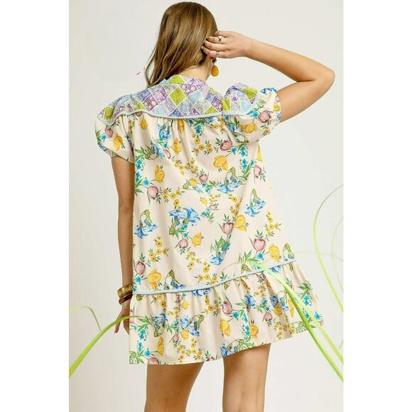 Umgee Floral Print Tie Neckline Puff Sleeves Tiered Babydoll Mini Dress | Blue - Picture 2 of 6